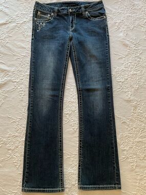 Women's Dark Wash Boot Cut Jeans with Subtle Pocket Embroidery